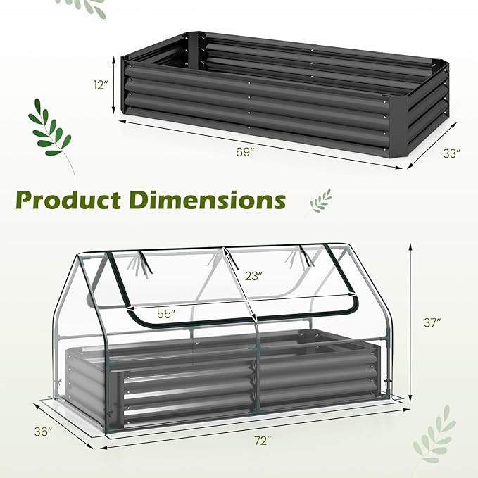 S AFSTAR Raised Garden Bed with Cover, 6FT x 3FT x 3FT Galvanized Bottomless Garden Bed with Greenhouse & Dual Roll-Up Screen Windows, Outdoor Metal Planter Box Kit with Cover (Black & Clear)