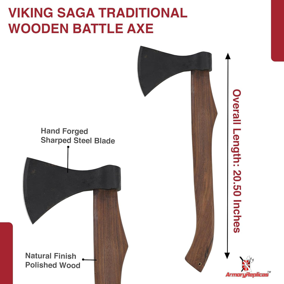 Armory Replicas™ Viking Saga Traditional Wooden Battle Axe Hand-Forged Iron Steel Blade, Rustic Finish, Fully Functional, 20.5” Overall Length Perfect for Camping, Reenactments, and Cosplay