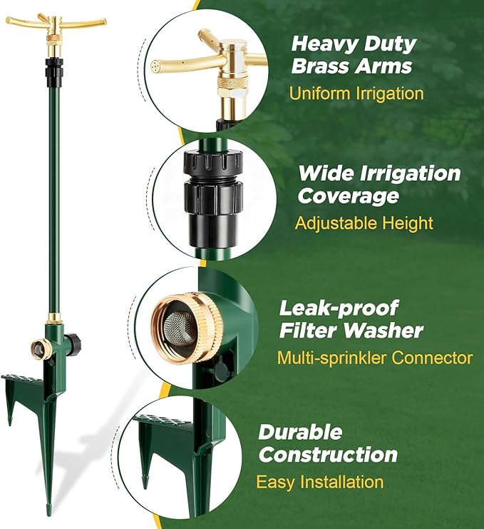 3-Arm Garden Sprinkler,360 Degree Rotating Lawn Sprinklers with Adjustable Tripod Base,Yard Sprinkler for Large Area Coverage,Hose Attachment Water Sprayer for Lawn,Garden,Animal Deterrent