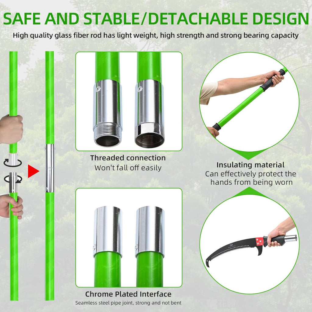 27FT Manual Pole Saw, Tree Branch Trimmer with 8-Section Fiberglass Handle, Sharp Steel Blade, Lightweight Extendable Design for High Branch Trimming, Ideal for Palms and Shrubs