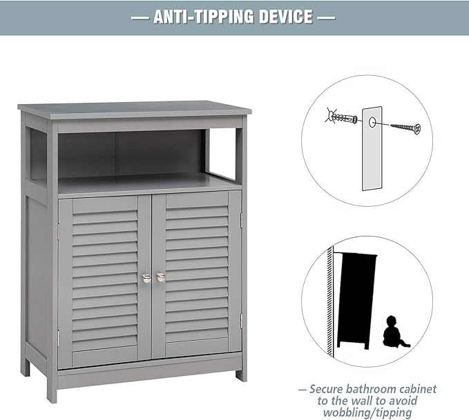 Tangkula Bathroom Floor Cabinet, Wooden Freestanding Storage Cabinet with Double Shutter Door & Adjustable Shelf, Storage Cabinet for Bathroom Living Room (Grey)
