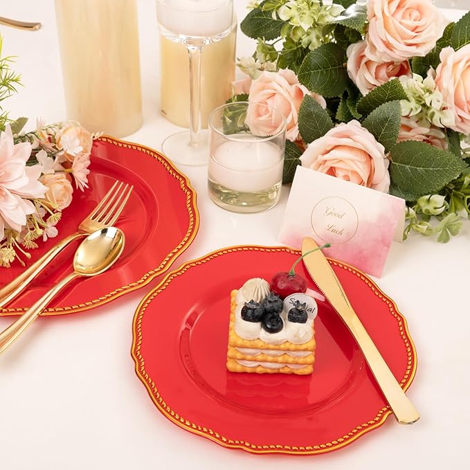 Hioasis 60pcs Red Plastic Plates - Red and Gold Disposable Dinnerware with Gold Rim, Heavy-duty, 10.25 inch, Dinner Plates for Party & Wedding