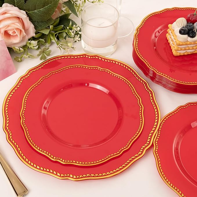 Hioasis 60pcs Red Plastic Plates - Red and Gold Disposable Dinnerware with Gold Rim, Heavy-duty, 10.25 inch, Dinner Plates for Party & Wedding