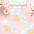 6 Pieces White Hand Held Bamboo Folding Fans Foldable Paper Fans Handheld for Women Girls Wedding DIY Decoration Church Home Party Favors Summer
