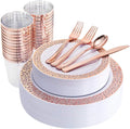 WELLIFE 175 Pieces Rose Gold Plastic Dinnerware,Rose Gold Dinnerware Set Include: 25 Dinner Plates 10.25", 25 Salad Plates 7.5", 25 Cups, 50 Forks, 25 Knives and 25 Spoons for Party