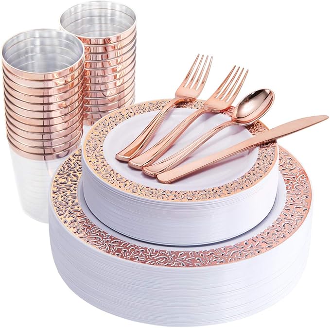 WELLIFE 175 Pieces Rose Gold Plastic Dinnerware,Rose Gold Dinnerware Set Include: 25 Dinner Plates 10.25", 25 Salad Plates 7.5", 25 Cups, 50 Forks, 25 Knives and 25 Spoons for Party