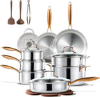 CAROTE 23pcs Tri-Ply Stainless Steel Cookware Set, Pots and Pans Set, Non Stick Induction Kitchen Cooking Sets, Nonstick Cookware Collection, Mirror Polish, Silver
