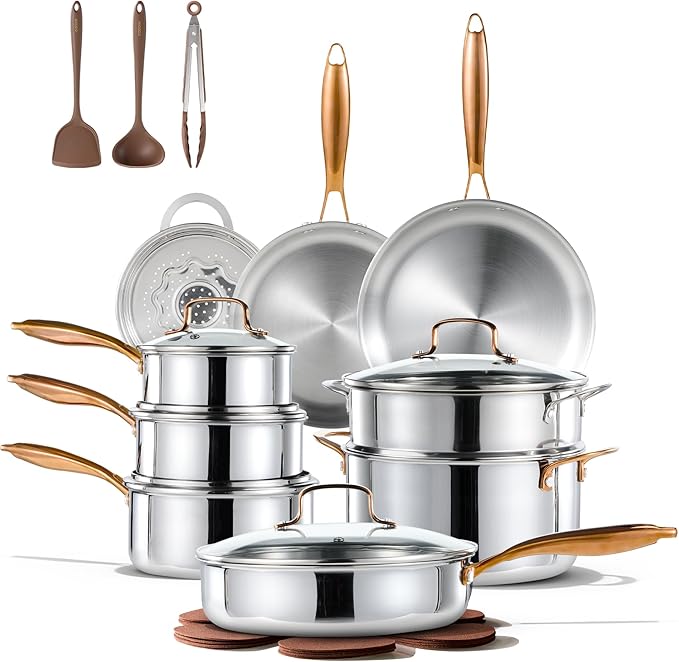 CAROTE 23pcs Tri-Ply Stainless Steel Cookware Set, Pots and Pans Set, Non Stick Induction Kitchen Cooking Sets, Nonstick Cookware Collection, Mirror Polish, Silver