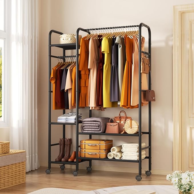 Portable Closets For Hanging Clothes,Wardrobe Closet Racks For Hanging Clothes,Sturdy Clothes Rack Heavy Duty,5-Tier Metal Freestanding Clothing Racks With Shelves, 45" X 16" X 69"