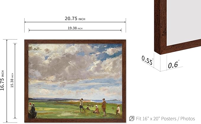 Poster Master Vintage Lady Astor Playing Golf at North Berwick Painting Poster - Retro Golf Course Print - Golf Art - Sports Art - Landscape Art - Office or Living Room Decor, 16x20 Brown Framed