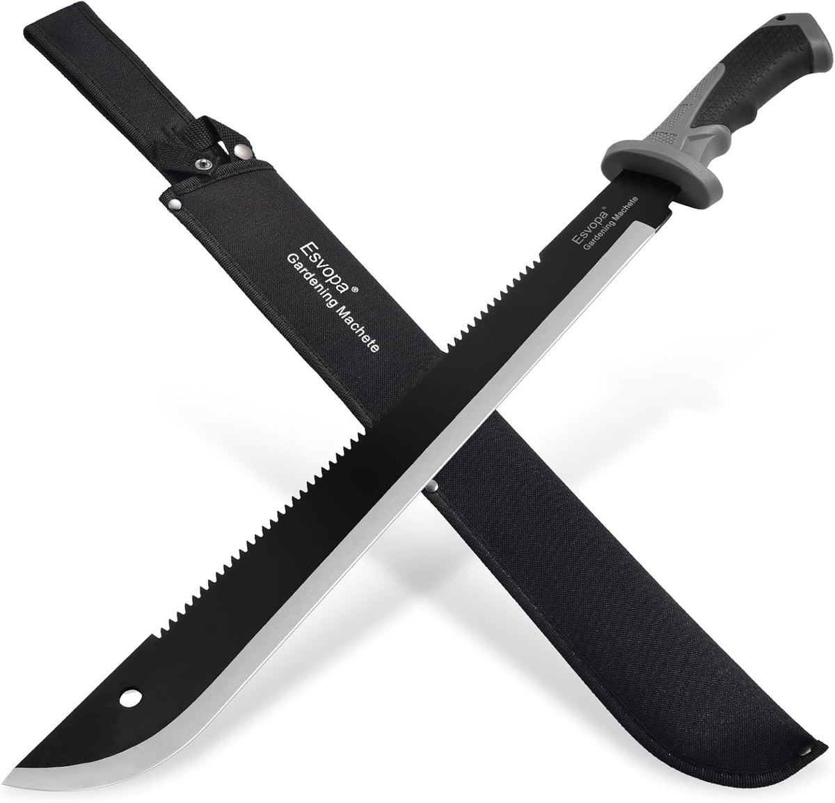 Machete for Bushcraft, 24 inch Survival Knife with Saw for Yard Work, Gardening Heavy Duty Machete with No-Slip Handle and Sheath for Hunting, Outdoor Tree Cutting Esvopa