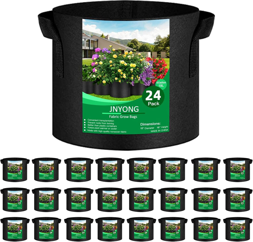 24-Pack 5 Gallon Thickened Non-Woven Grow Bags, Aeration Fabric Pots with Handles