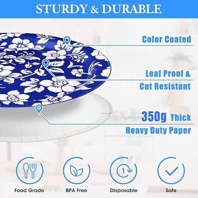 90 Pcs Paper Plates 10 Inch Bulk Thick Heavy Duty Disposable Plates Printed Blue and White Plate for Party, Wedding, Birthday, Tea, Picnic Barbecue, Everyday Use, Soak Proof, Cut Proof
