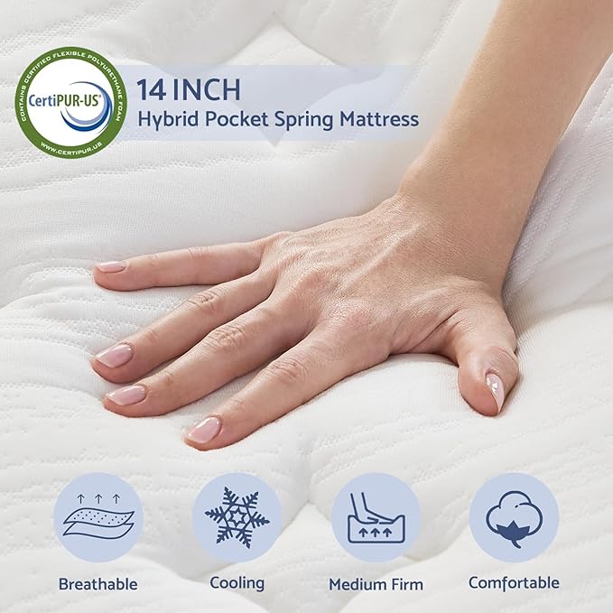 Twin Mattress, 14 Inch Twin Size Mattress in a Box, Hybrid Mattresses for Pressure Relief, Pocket Springs Mattresses, Firm