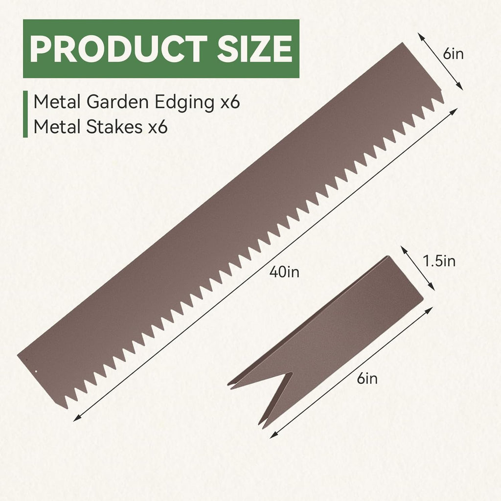 6PCS 40" L x 6" H Brown Landscape Edging - Each (20ft Total) Galvanized Steel Edge for Lawn Yard- No-Dig Hammer-in Heavy Duty Metal Edging Border with 6 Clips
