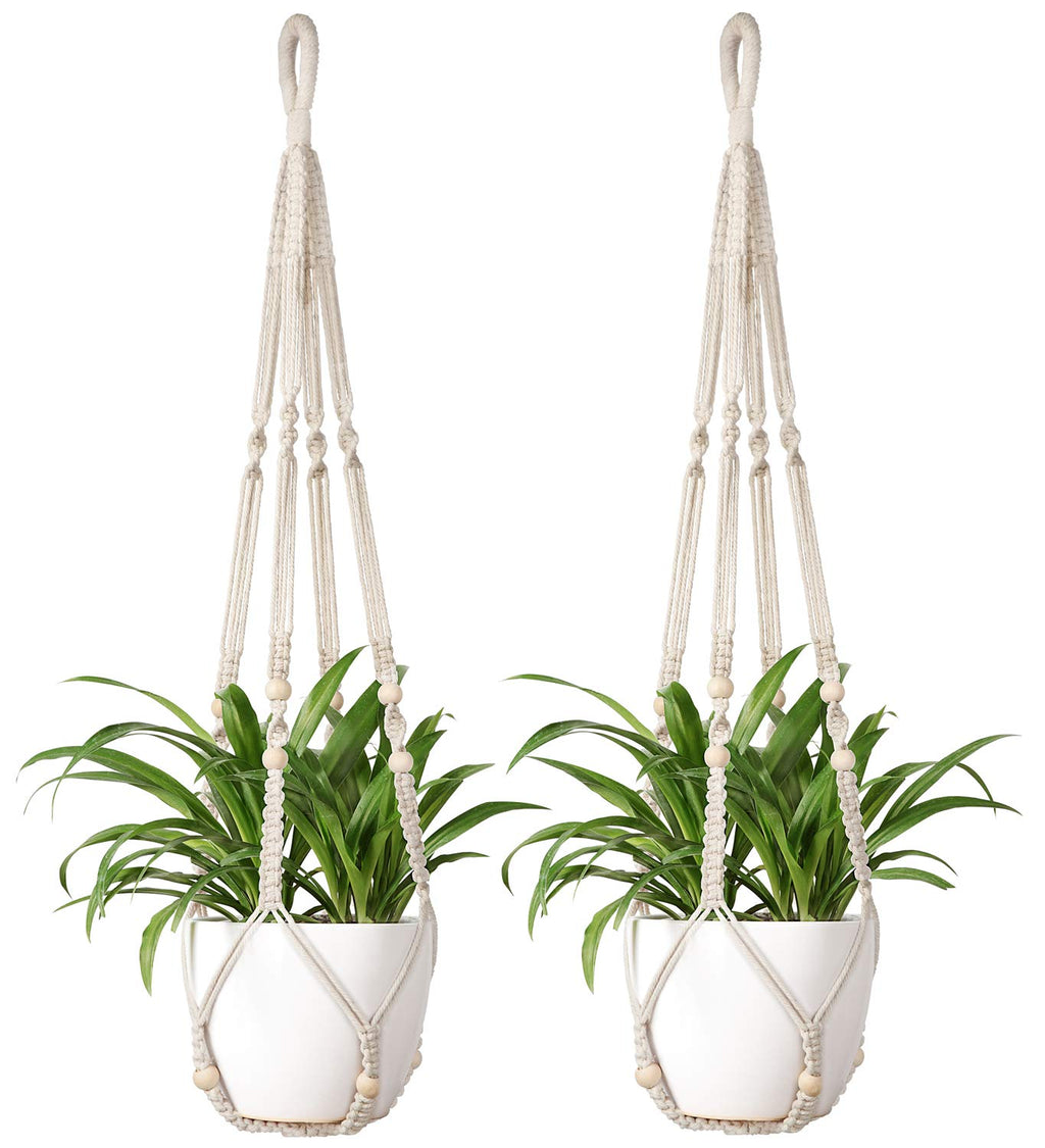 Mkono Macrame Plant Hanger Indoor 35 Inch Hanging Planter Basket Ivory 2Pcs