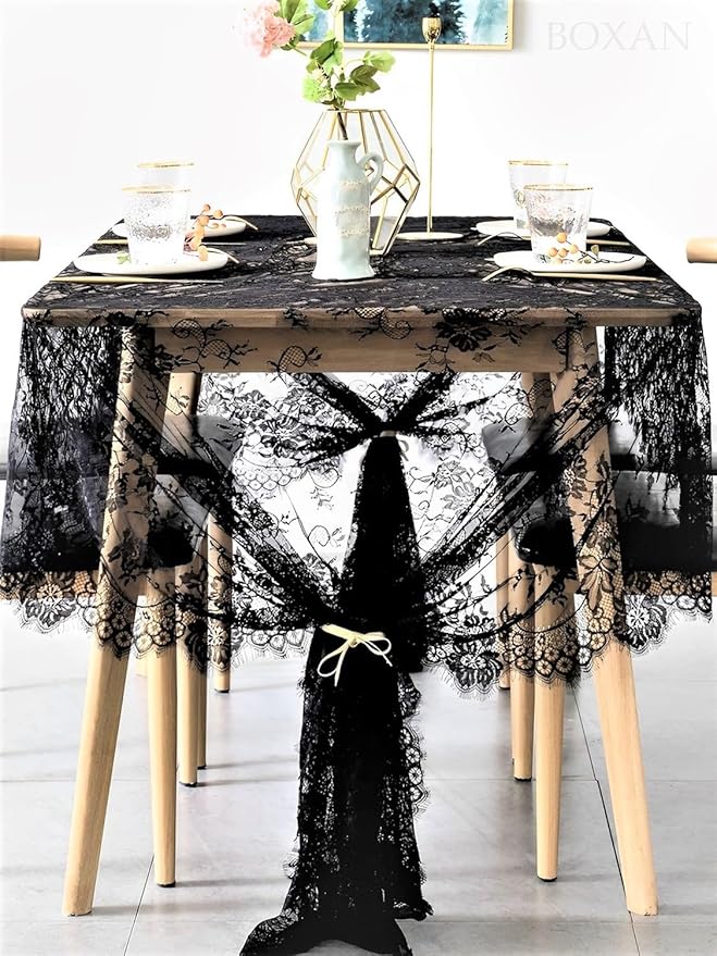 BOXAN Black Lace Tablecloth Overlay Rose Vintage Embroidered, Romantic Boho Wedding Reception Table Decor, Baby & Bridal Shower Décor, Elegant Chic Outdoor Tea Party Tablecover -120" x 60" Rectangular