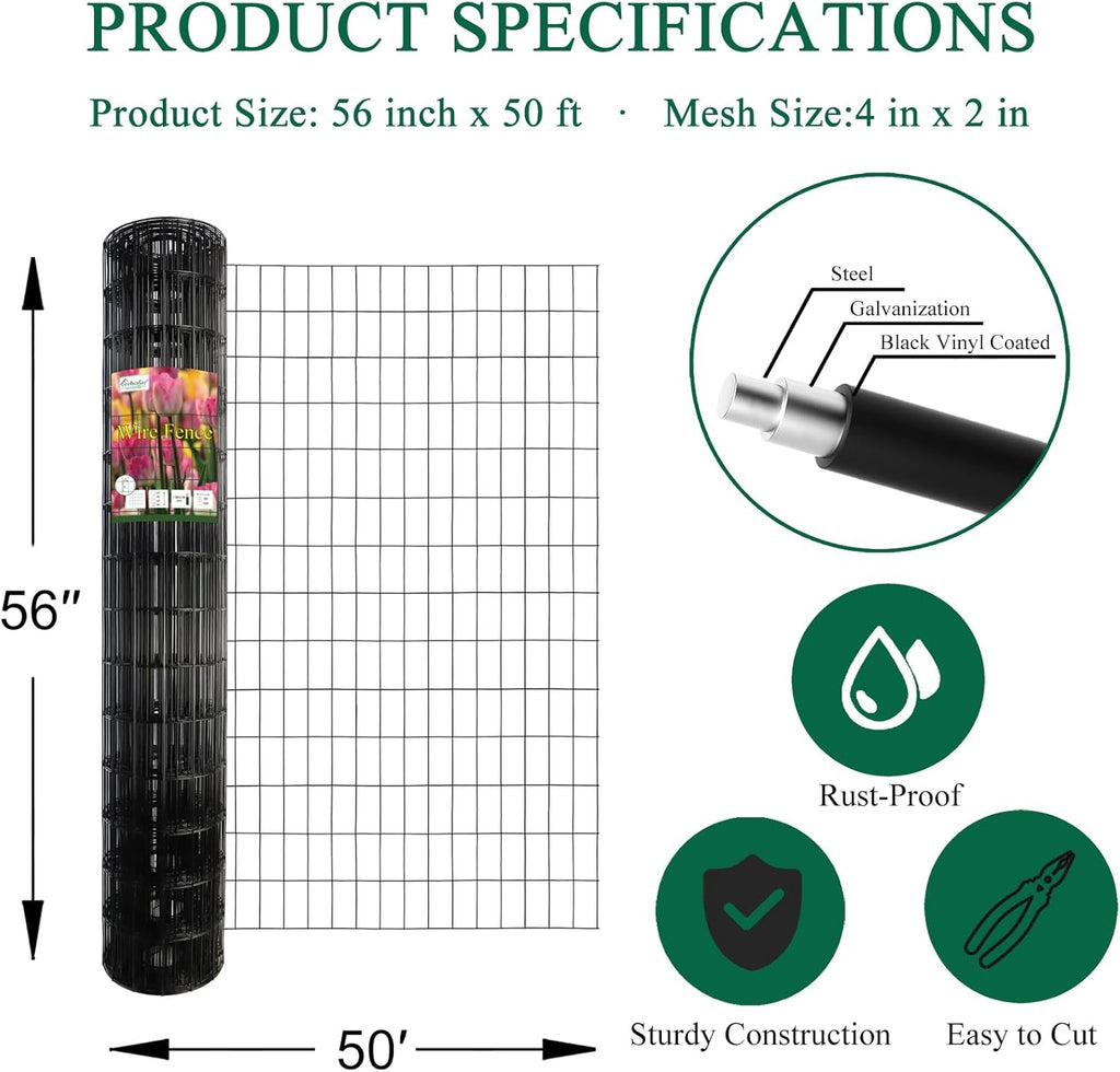 Black PVC Coated Welded Wire Fence 56 Inch x 50 Foot, 2 Inch x 4 Inch 14GA, Garden Border Fencing Roll Vinyl Coating Metal Wire Mesh Hardware Cloth for Yard Vegetable Plant Protection