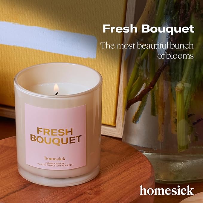 Homesick Scented Candles for Home (Fresh Bouquet) - 7.5 oz Long-Lasting Natural Soy Wax Blend Jar Candle Gift for Women & Men for All Occasions, 30-35 Hours Burn Time - Notes of Jasmine & Rose