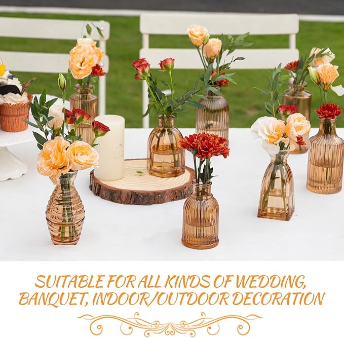 Bud Vases Set of 12, Amber Vase Small Glass Vases for Flowers Modern Ribbed Amber Glass Bud Vase for Decor Flower Vase in Bulk Vintage Decor Boho Wedding Centerpieces Rustic Home Table Decoration