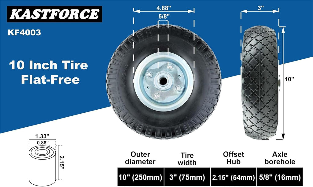 KF4003 Twin Pack 10-Inch Solid Rubber Tire Wheels Replacement 3.00-4 Tires Wheels Flat Free with 5/8" Bearings 2.15" Offset Hub Perfect for Hand Truck Wheelbarrow Garden Cart Non-Flat