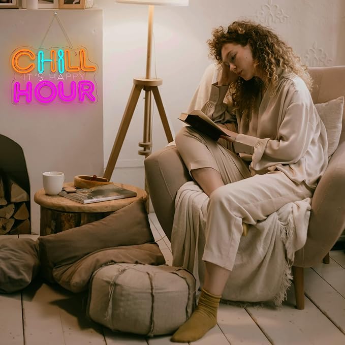 CHILL HOUR Neon Sign, Colorful LED Wall Light with “It’s Happy Hour” Quote, Aesthetic Neon Bar Sign for Bedroom, Dorm, Game Room, Home Party Décor