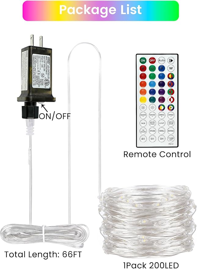 66Ft 200 LED RGB Color Changing Halloween Fairy Lights Plug in, Waterproof String Lights with Remote for Outdoor & Indoor, 24 Colors Twinkle Lights with Timer for Girl's Room Christmas Decorations