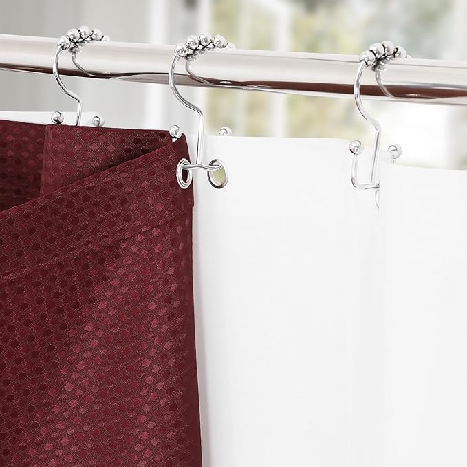 3 in 1 Extra Long Burgundy Shower Curtain Set-72 W x 84 H, Modern Waffle and PEVA Liner Set with 12 Stainless Steel Hooks, Waterproof Fabric for Bathroom