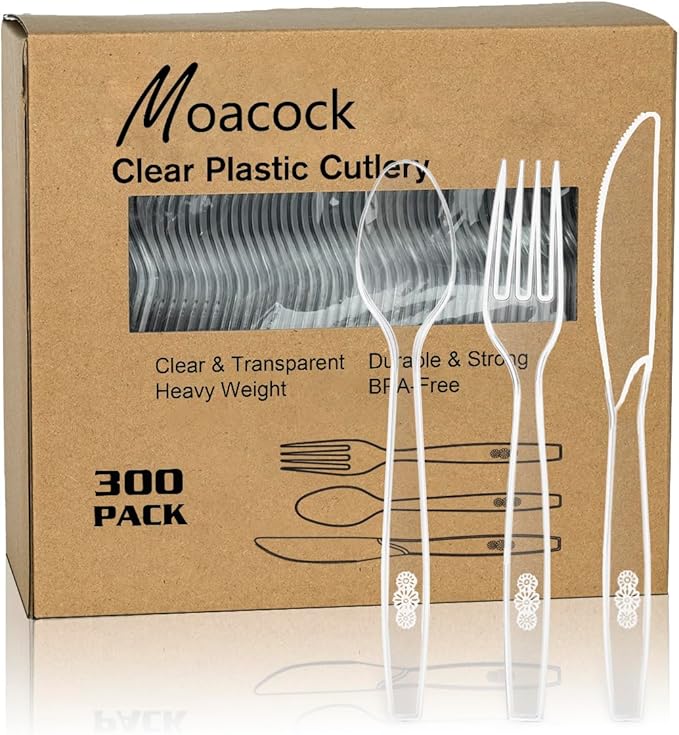 300 Count Clear Plastic Silverware, Heavy Weight Plastic Forks Spoons Knives Disposable Utensils Cutlery Set for Wedding Party Supplies Everyday Use