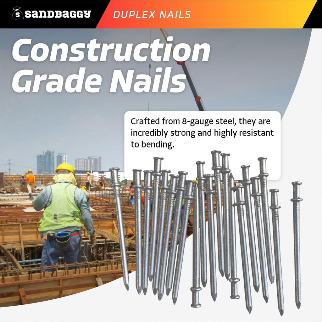Sandbaggy 16d Duplex Nails (3.5" Long) - Temporary Construction, Concrete Forms, Scaffolding - 8 Gauge Steel - Smooth Shank, Flat Head - Removable/Reusable (800)