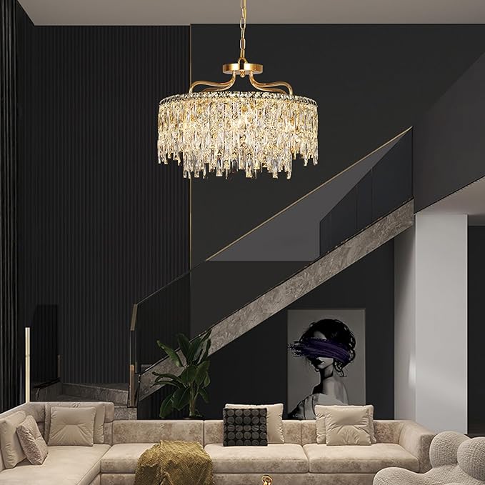 Gold Crystal Chandeliers for Dining Room Light Fixture, 24" Modern Round Chandeliers，8 Lights Luxury Ceiling Pendant Ceiling Lighting for Dining Room Bedroom Entryway Foyer Staircase