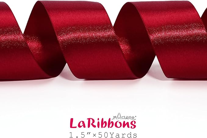 LaRibbons Burgundy Satin Ribbon 1 1/2 Inch 50 Yards, Luxury Double Faced Red Silk Ribbon for Flower Bouquet Crafts Gift Wrapping Wedding Bow Christmas Decoration