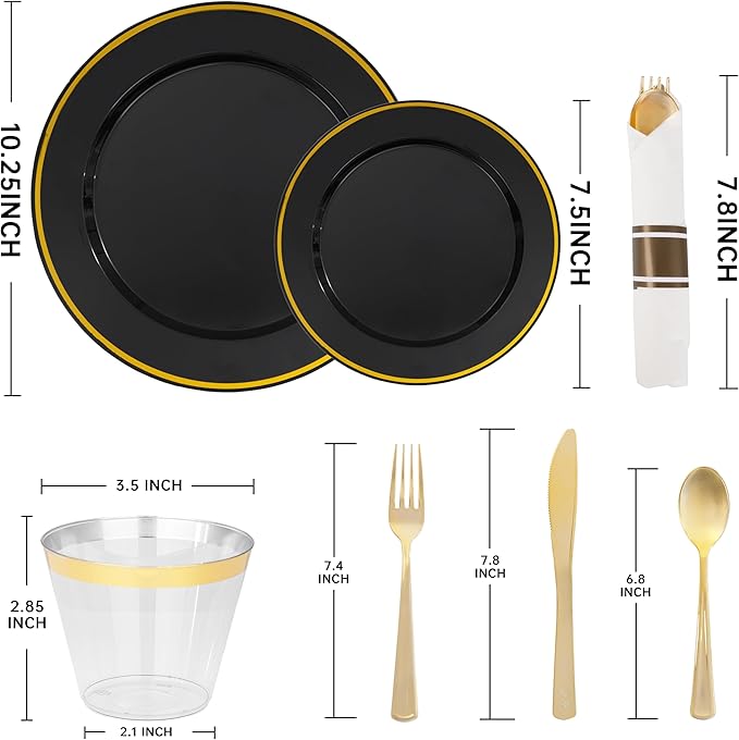 SUT 350 Pcs Black and Gold Plastic Dinnerware Set for 50 Guests, Include: 50 Dinner Plates, 50 Dessert Plates, 50 Pre Rolled Napkins With Silverware, 50 Cups, Disposable Plates for Halloween, Party