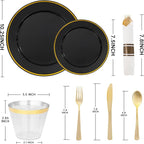 SUT 350 Pcs Black and Gold Plastic Dinnerware Set for 50 Guests, Include: 50 Dinner Plates, 50 Dessert Plates, 50 Pre Rolled Napkins With Silverware, 50 Cups, Disposable Plates for Halloween, Party