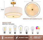 16" Semi Flush Mount Ceiling Light, Gold 3 Light Double Drum Fabric Lampshade Lighting Fixture for Living Room, Bedroom, Dining Room, Kitchen, Hallway (Swivel Canopy for Sloped/Flat Ceiling)