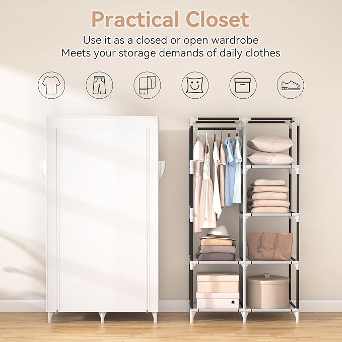 ROJASOP Portable Closet Wardrobe Closet for Hanging Clothes with 6 Storage Shelves, 1 Hanging Rod and 4 Pockets, Clothes Organizer and Storage Wardrobe Free Standing Closet for Bedroom, White