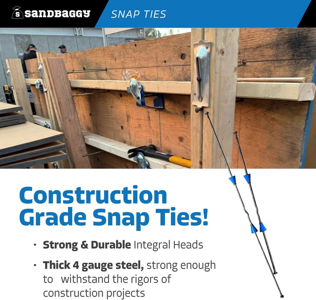 8" Standard Snap Ties for Concrete Forms - 1" Plastic Cones, Integral Heads - 2:1 Safety Factor, 2,250 lbs Working Load - Construction Grade 4 Gauge Steel (Short End - 4.75", 25)