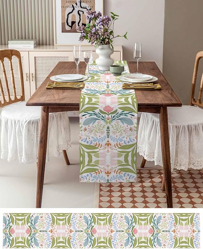Green Blue Pink Boho Floral Cotton Linen Table Runner for Dining Kitchen, Wedding Outdoor Party Tablerunners Decoration, Retro Bohemian Botanical Dresser Scarf Coffee Tablecloth Runners 13x48 Inches