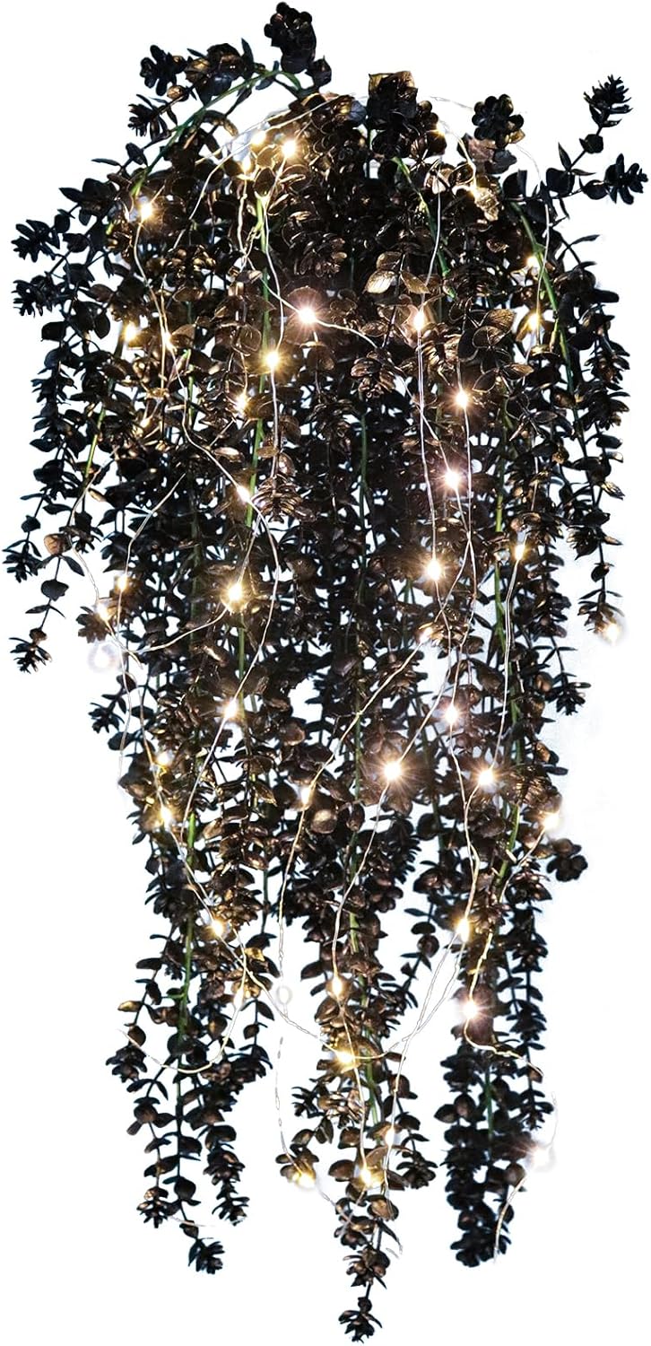 Black Hanging Flowers with Lights Faux Hanging Plants Black Artificial Hanging Plant Fake Greenery Faux Hanging Vines Plant for Indoor Outdoor Wedding Halloween Party Fall Wall Room Door Decor(Black)
