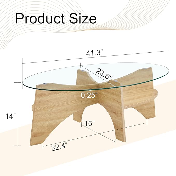 41" Oval Glass Coffee Table with Tempered Glass Top and MDF Base, Diagonal Fan-Shaped Tray Design Table Leg Simple & Modern Center Table for Living Room Office Apartment Wood