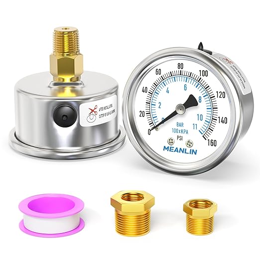 MEANLIN MEASURE 0~160Psi Dry Pressure Gauge Stainless Steel 1/4" NPT 2" FACE DIAL Waterproof for Air Compressor RV Regulator Water Pressure Tester Black Mount, with 1/2" NPT and 3/8" NPT Hex Bushing