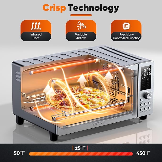Nuwave Bravo Pro Convection Air Fryer Toaster Oven Combo, 2025 New and Improved, 10-in-1, 50°-450°F Temp Controls, Quick & Even Crisp Technology, 21Qt Capacity, Stainless Steel, PFAS Free
