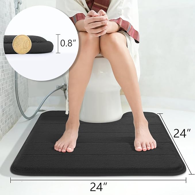 Yimobra Memory Foam Toilet Bath Mat U-Shaped, Commode Contour Rug, Soft and Comfortable, Super Water Absorption, Non-Slip, Thick, Machine Wash and Easier to Dry for Bathroom, 24 X 24 Inches, Black