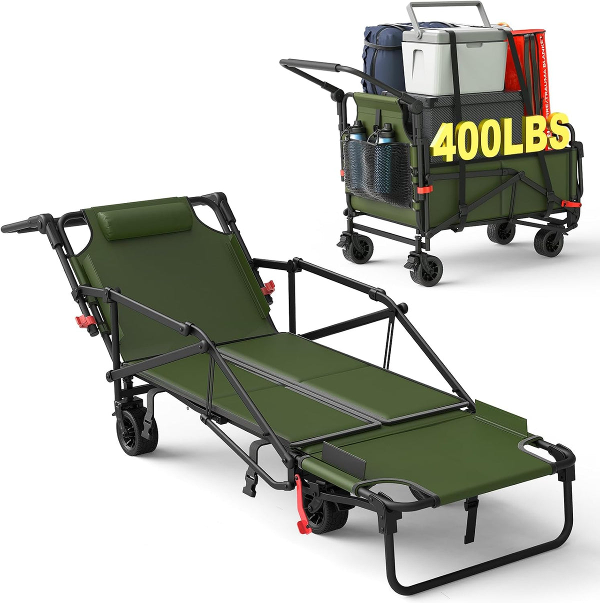 LEVELEVE Heavy Duty Folding Wagon - 2-in-1 Collapsible Cart, 400lb Capacity, All-Terrain Wheels w/Brakes & Side Pockets (Army Green)