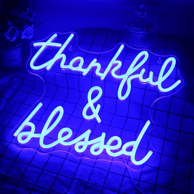 Thankful and Blessed Neon Sign Thanksgiving Led Sign Blessed Neon Lights Blue Light up Sign USB Powered Switch Neon Signs for Wall Decor for Wedding Decoration Birthday Party Girls Decor