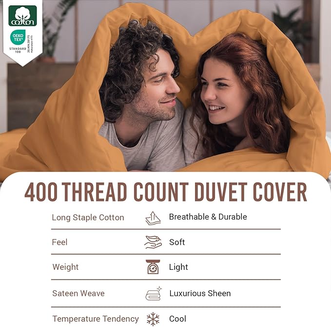 Pizuna Pure 100% Cotton Full Duvet Cover Set, Luxurious 400 Thread Count Long Staple Cotton Sateen Weave with Button Closure (Combed Apricot Orange Cotton Duvet Cover Full)