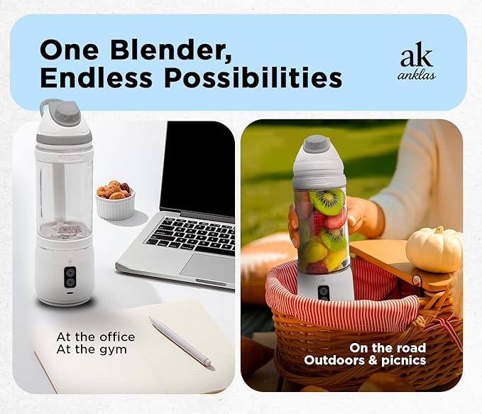 Rechargeable Smoothie Blender 700ml – Portable Mini Travel Blender for Shakes and Smoothies with Six Stainless Steel Blades and USB Charging (White and Gray)