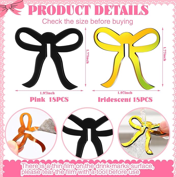 36 Pcs Bow Drink Markers Acrylic Drink Tags Bowknot Wine Glass Charms for Bachelorette Coquette Birthday Cocktail Wedding Decoration Bridal Shower Party Favors