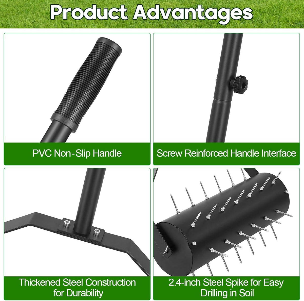 18-inch Rolling Lawn Aerator Tool, 50"-70" Handle Heavy Duty Spike Aerator with Sandbag, 40 Iron Spikes Tighten with Patience, Manual Rolling Aerator Lawn for Yard Garden