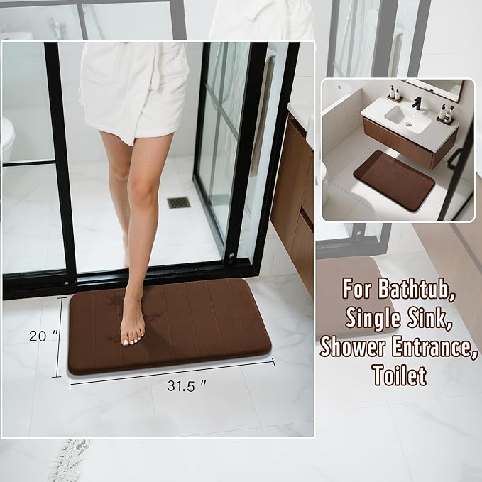 Yimobra Brown Bath Mat 31.5x20 Inch, Super Soft Absorbent Memory Foam Bathroom Rug Non Slip, Quick Dry, Machine Washable Floor Carpet for Tub Shower, Home Decor Accessories
